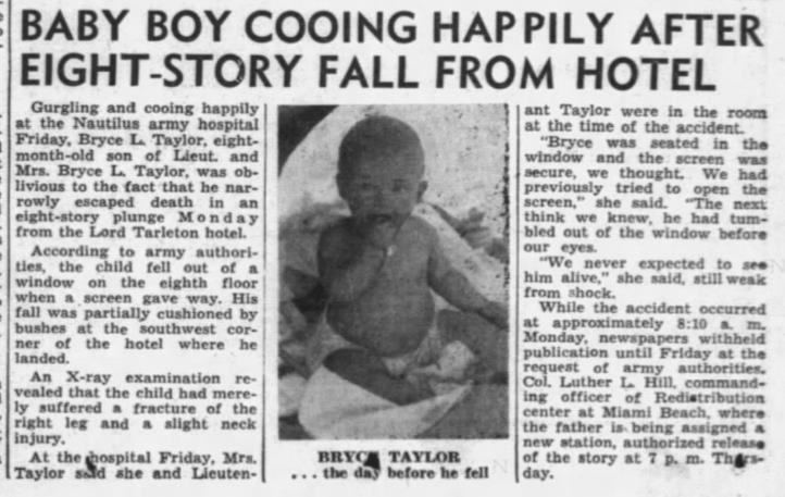 Newspaper article about the boy who survived an eight story fall